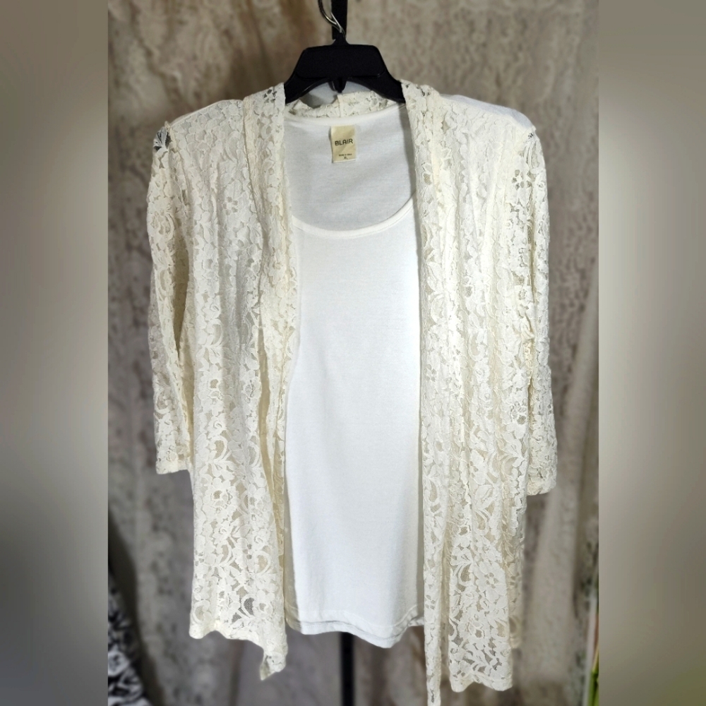 Blair 2fer White And Cream Waterfall Lace Top